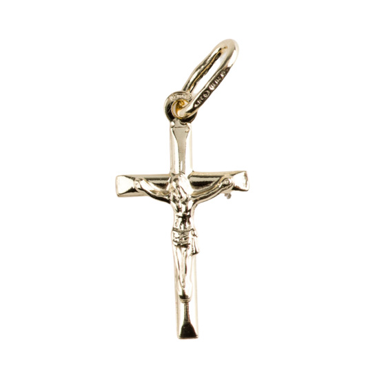Croix de cou bâton en plaqué or avec Christ H. 2 cm. Livrée en boîte