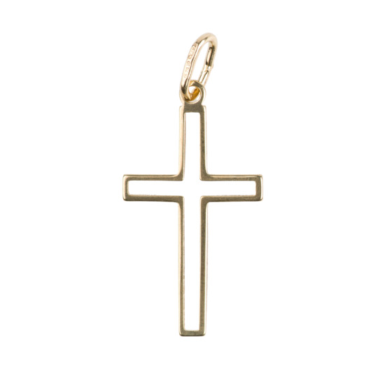 Croix de cou en plaqué or ajourée H. 2,5 cm. Livrée en boîte