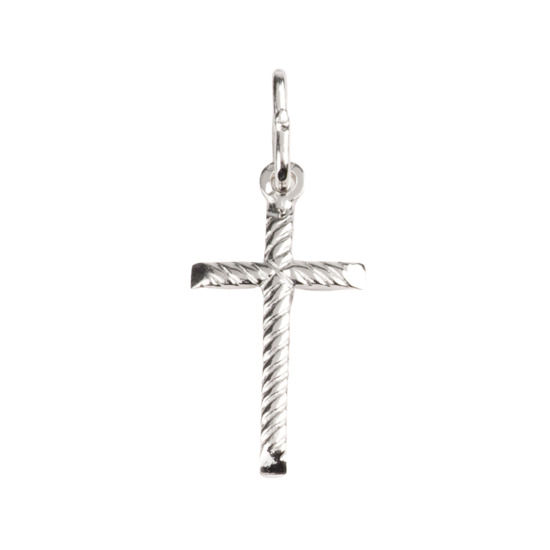 Croix de cou bâton en argent 925 °/°° guillochée et striée H. 2 cm (1,02 g). Livrée en boîte