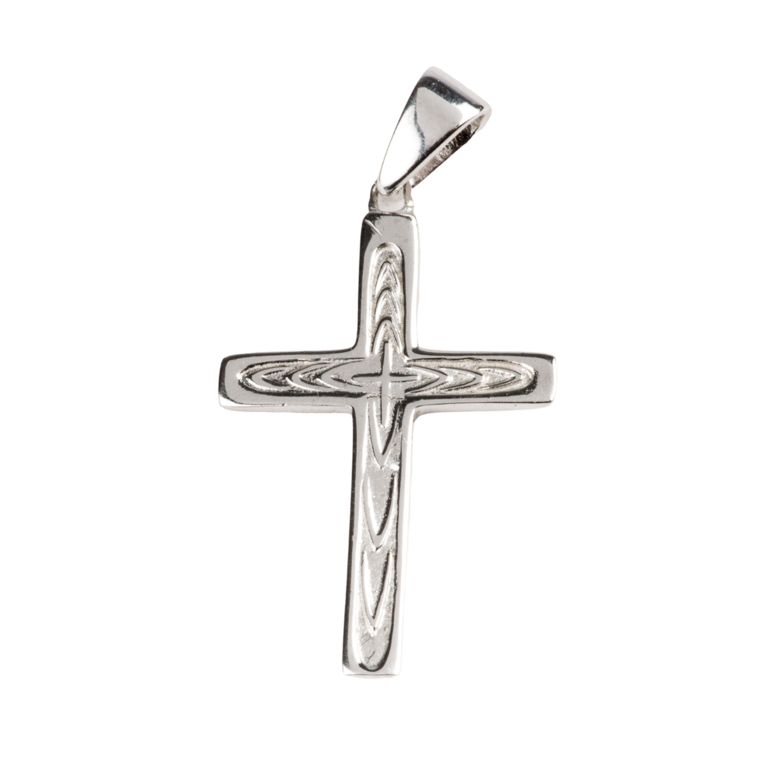 (12813) Croix de cou plate en argent 925 °/°° striée H. 3 cm (1 g). Livrée en boîte