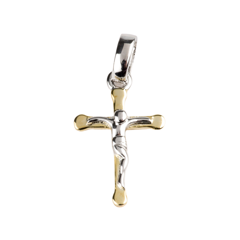 Croix de cou en plaqué or avec Christ en argent 925 °/°°  H. 1,5 cm (0,77 g). Livrée en boîte