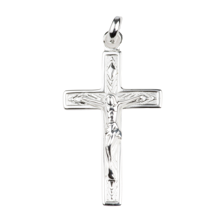 Croix de cou plate striée en argent 925 °/°° avec Christ H. 2,5 cm (1,75 g). Livrée en boîte