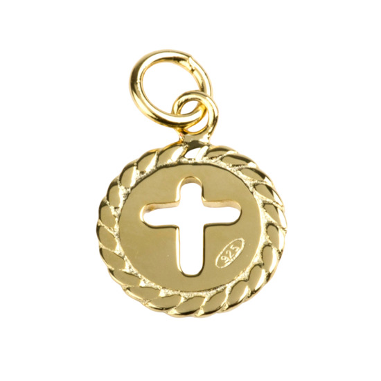 Médaille en plaqué or bordure guillochée et croix ajourée Ø 1,2 cm. Livrée en boîte