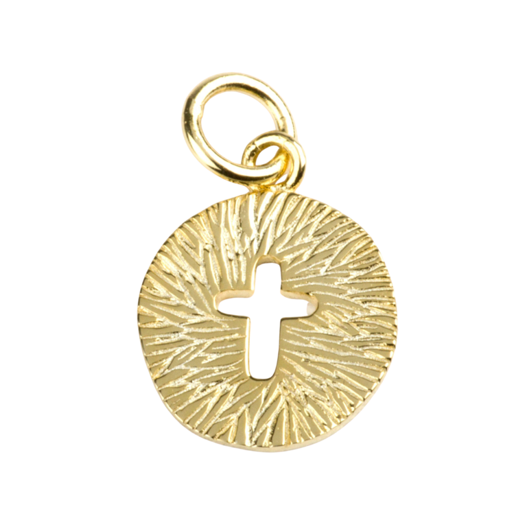 Médaille en plaqué or striée avec croix ajourée Ø 1,2 cm. Livrée en boîte