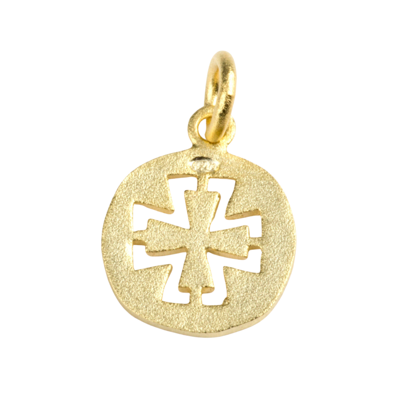 Médaille en plaqué or avec croix découpée Ø 1,2 cm. Livrée en boîte