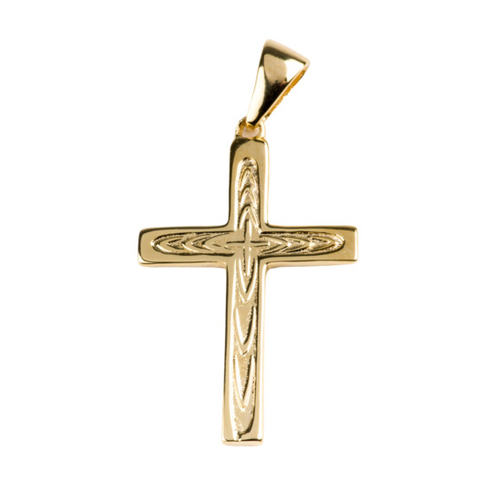 Croix de cou plate en plaqué or striée H. 3 cm. Livrée en boîte