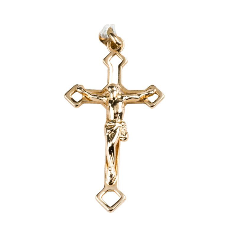Croix de cou orthodoxe ajourée en plaqué or avec Christ H. 3,2 cm. Livrée en boîte