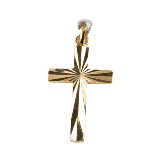 Croix de cou striée en plaqué or H. 2,5 cm. Livrée en boîte