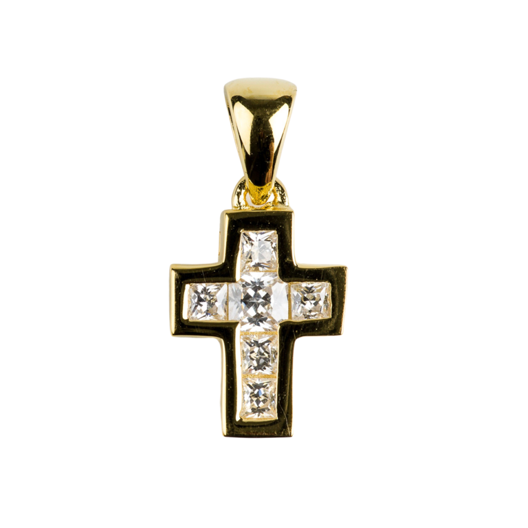 Croix de cou en plaqué or avec oxydes de zirconium H. 1,1 cm. Livrée en boîte