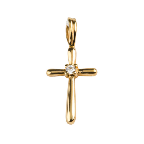 Croix de cou arrondie en plaqué or avec zirconium au centre H. 1,8 cm. Livrée en boîte