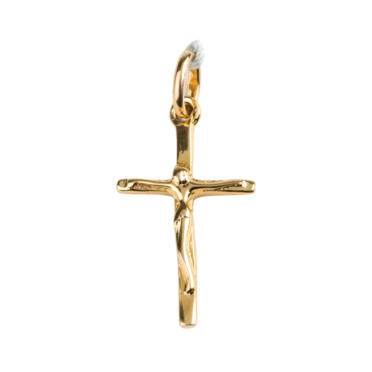 Croix de cou en plaqué or avec Christ H. 2,5 cm. Livrée en boîte.