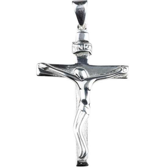(12884) Croix de cou bâton en argent 9215 °/°° avec Christ moderne H. 3,7 cm (3,11 g). Livrée en boîte