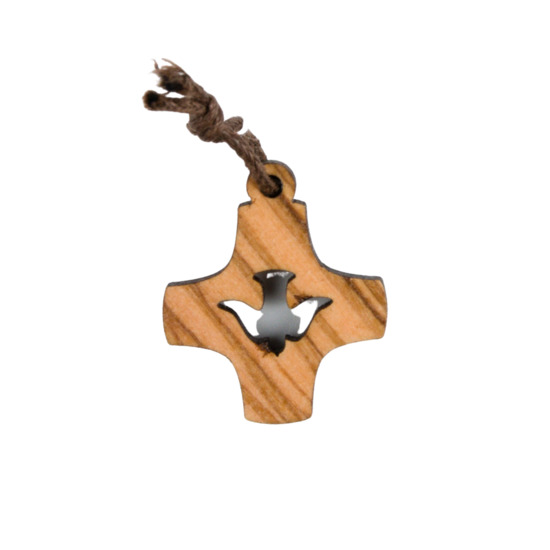 Croix de cou en bois d'olivier avec colombe ajourée H. 2,2 cm avec cordon cuir 70 cm.