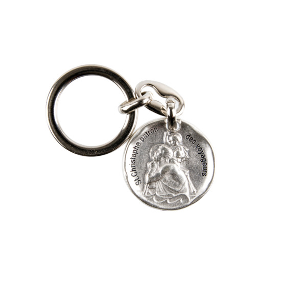Porte-clés de saint Christophe Ø 3 cm en métal couleur argentée.