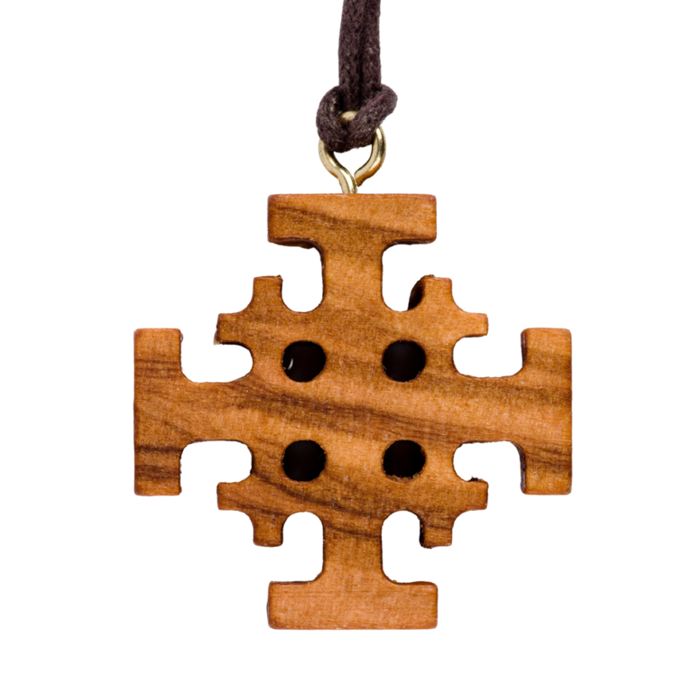 Croix de cou de Jérusalem en bois d'olivier H. 3 cm avec cordon cuir 70 cm.