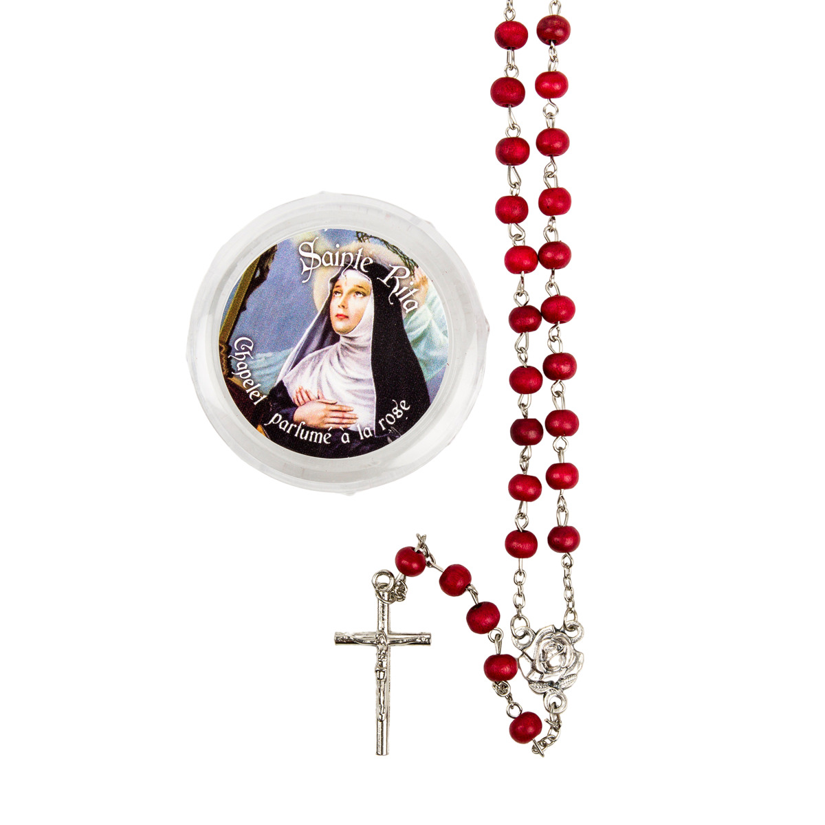 Chapelet grains en bois de rose, Ø 7 mm, chaîne couleur argentée,  longueur au cœur 27 cm, croix avec Christ plus boîte.