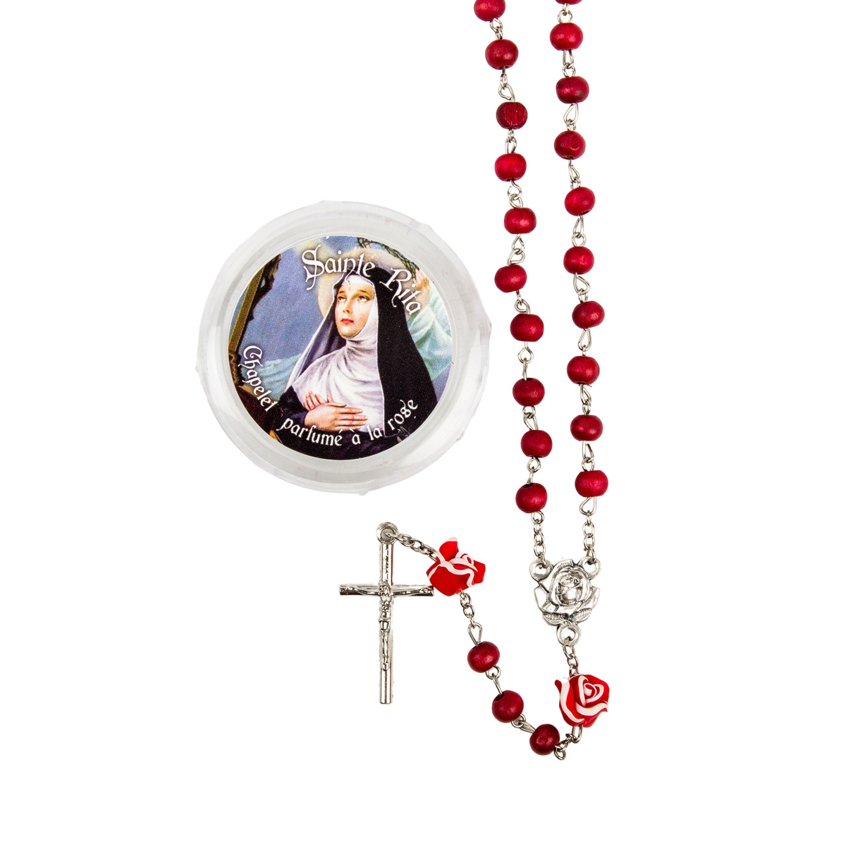 Chapelet en bois de rose paters forme rose, Ø 7 mm, chaîne couleur argentée, longueur au cœur 27 cm, croix avec Christ+boîte.