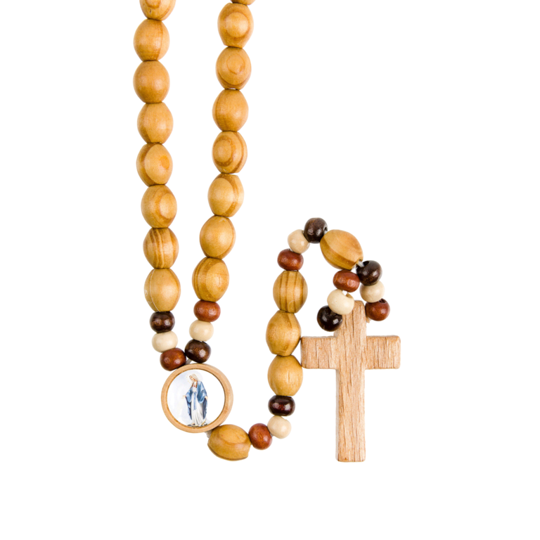 Chapelet sur élastique grains ovales en bois d'olivier avec cœur à personnaliser et croix en bois, longueur jusqu'au cœur 26 cm