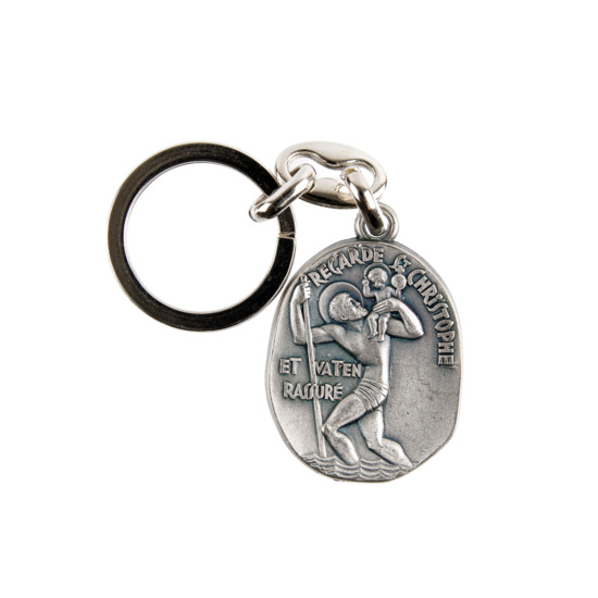 Porte-clés H. 3,8 cm en métal couleur argentée de saint Christophe stylisé "Regarde la route..."