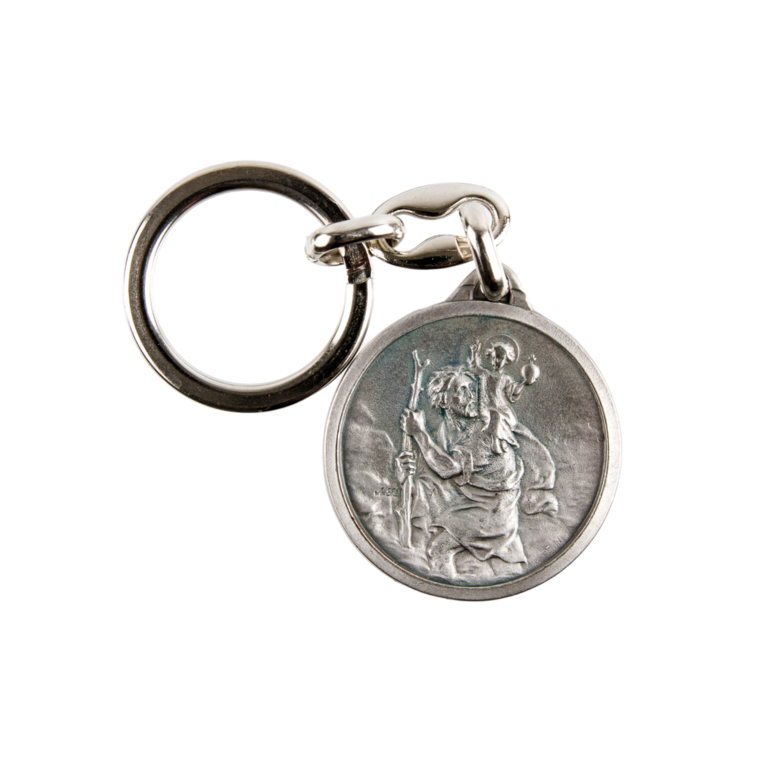 Porte-clés de saint Christophe debout Ø 3,5 cm métal couleur argentée.