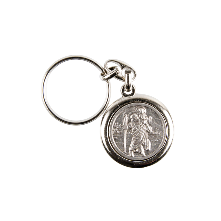 Porte-clés de saint Christophe Ø 3 cm en métal couleur argentée.