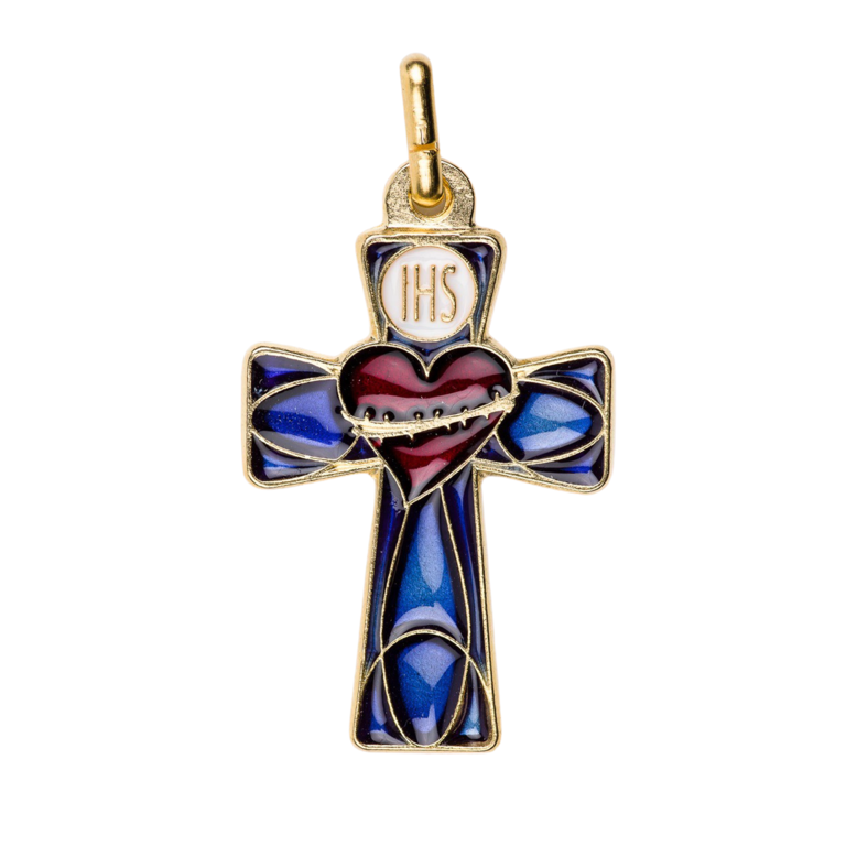 Croix de cou en métal couleur dorée émaillé du coeur de Jésus, revers PAX H. 4,5 cm.