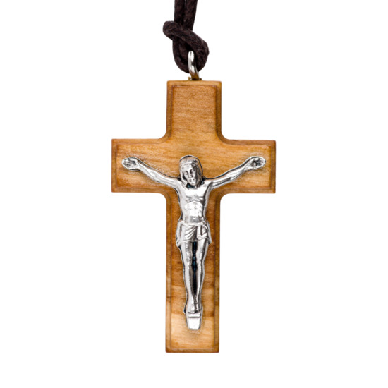Croix de cou épaisse en bois d'olivier avec Christ métal H. 4 cm et cordon cuir 70 cm.