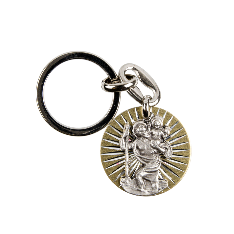Porte-clés de saint Christophe Ø 3 cm sur plaque striée et couleur dorée.