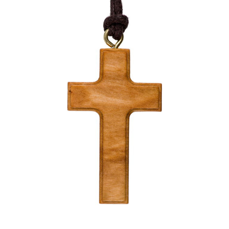 Croix de cou épaisse en bois d'olivier H. 4 cm avec cordon 70 cm.