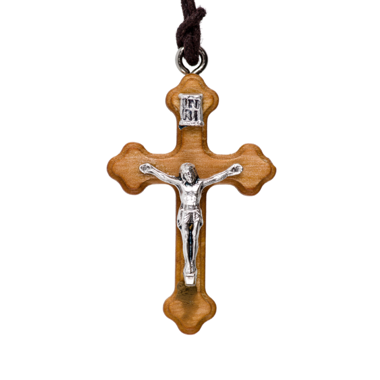 Croix de cou orthodoxe en bois d'olivier avec Christ métal H. 4 cm avec cordon cuir 70 cm.