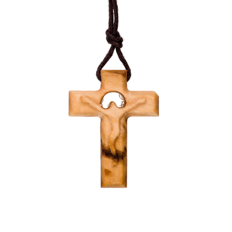 Croix de cou en bois d'olivier avec Christ sculpté évidé H. 3 cm et cordon cuir 70 cm.