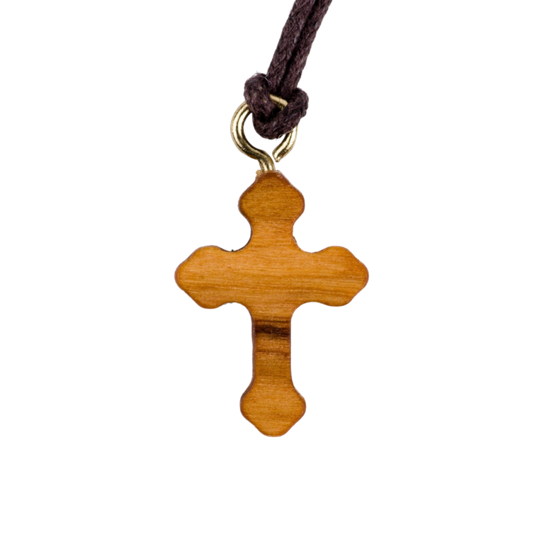 Croix de cou orthodoxe en bois d'olivier H. 1,8 cm avec cordon cuir 70 cm.