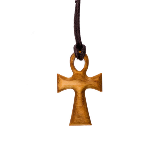 Pendentif croix de cou Égyptienne en bois d'olivier H. 2,8 cm avec cordon cuir 70 cm.