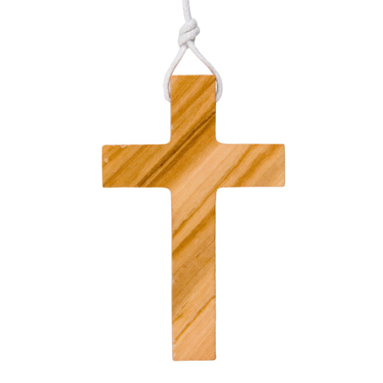 Croix d´aube en bois d'olivier 7.8 cm avec cordon blanc 65 cm
