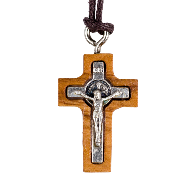 Croix de cou de saint Benoît en bois d'olivier, hauteur 2 cm avec cordon 60 cm.