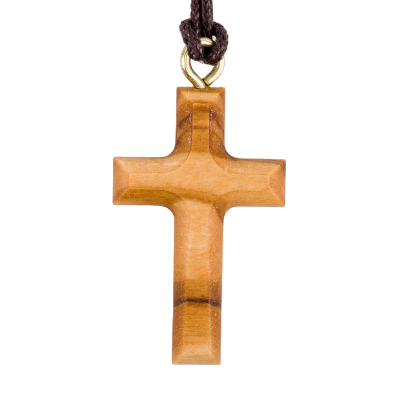 Croix de cou biseautée en bois d'olivier H. 3 cm avec cordon cuir 70 cm.
