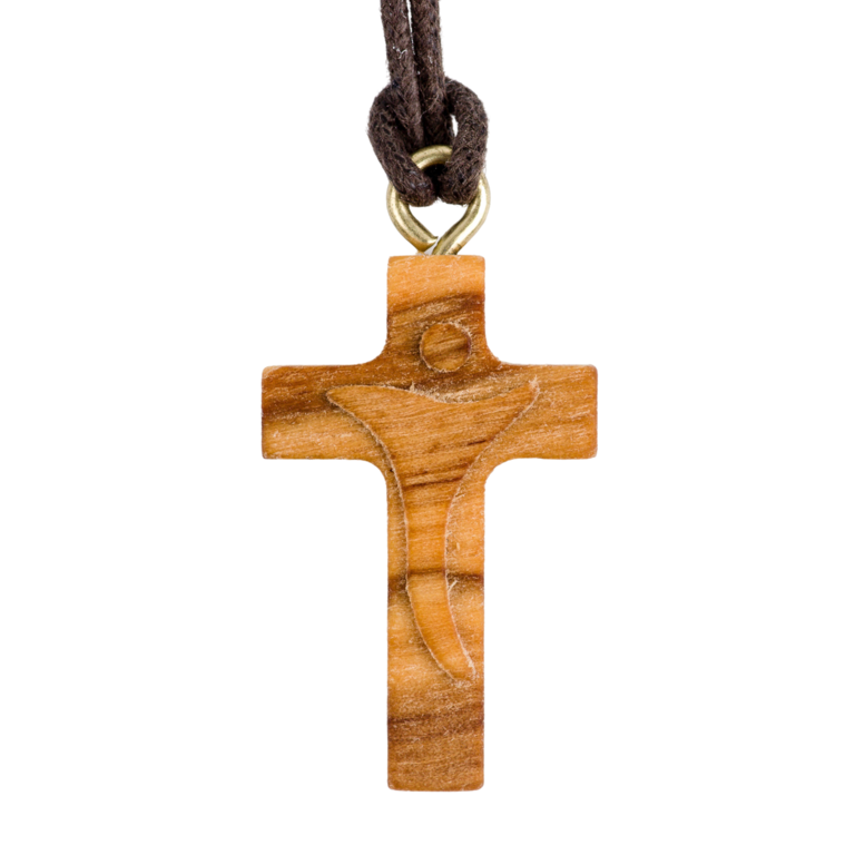 Croix de cou en bois d'olivier avec Christ moderne sculpté H. 3 cm et cordon cuir 70 cm.