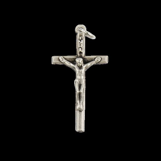 Croix de cou bâton carrée en métal couleur argentée avec Christ H. 3,8 cm.