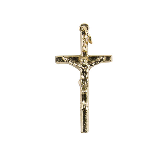 Croix de cou bâton carrée en métal couleur dorée avec Christ H. 3,8 cm.