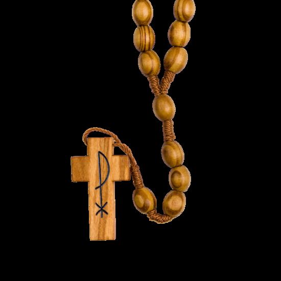 Chapelet sur corde avec fermoir grains en bois d'olivier Ø 10 mm, longueur au cœur 30 cm, croix imprimée PAX.