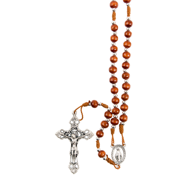 Chapelet sur corde avec fermoir grains en bois Ø 7 mm, longueur au cœur 30 cm, croix métal avec Christ.