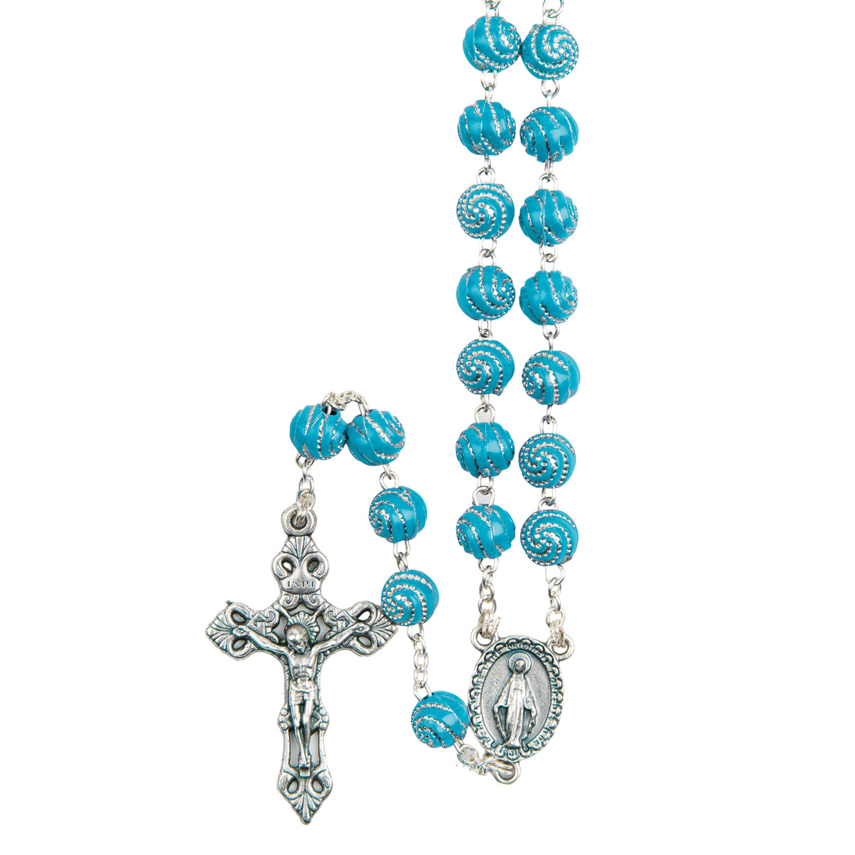 Chapelet grains filigranes, Ø 7 mm, chaîne couleur argentée, longueur au cœur 38 cm, croix avec Christ.