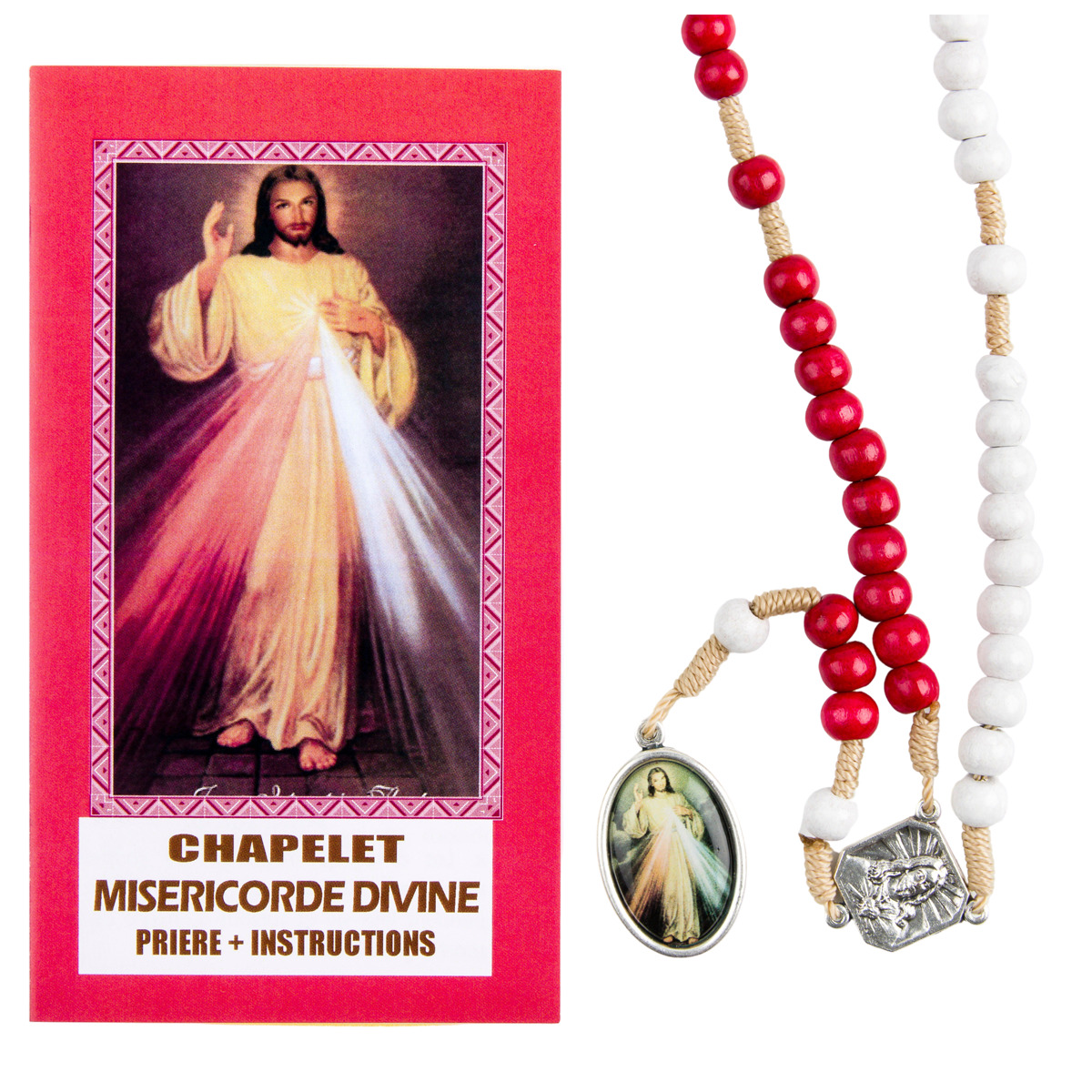 Chapelet de dévotion de la Miséricorde divine grains blanc et rouge en bois avec notice explicative, livré en sachet individuel.
