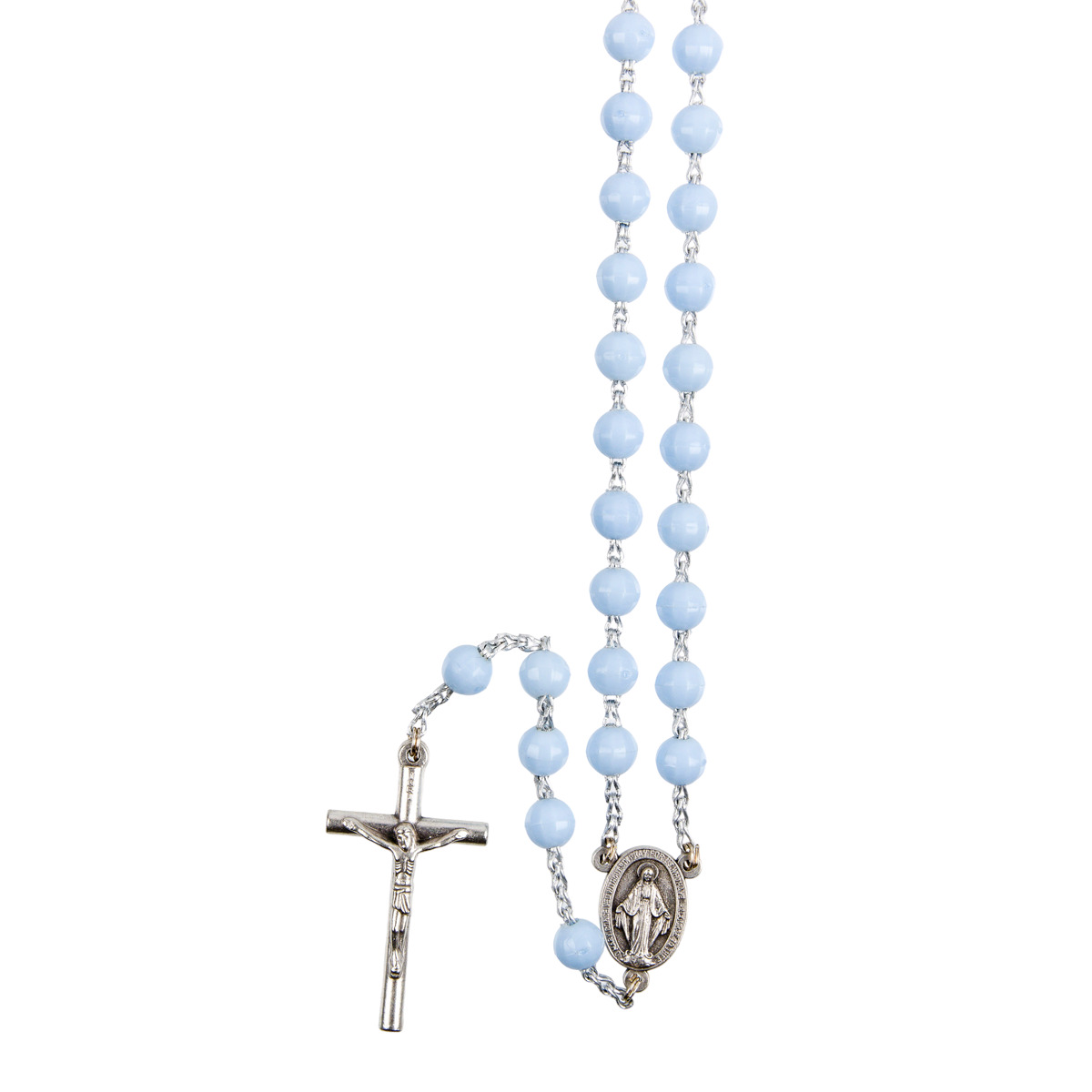 Chapelet sur chaine indécrochable couleur argentée grains en plastique ronds Ø 7 mm, longueur au cœur 31 cm, croix avec Christ.