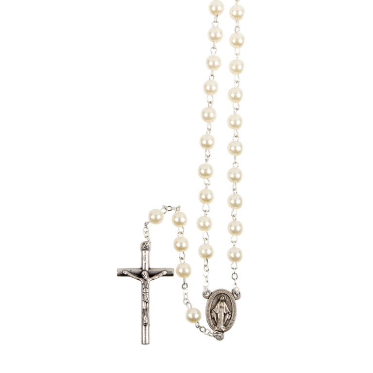 Chapelet plastique nacrés, Ø 7 mm, chaîne couleur argentée indécrochable, longueur au cœur 29 cm, croix avec Christ.