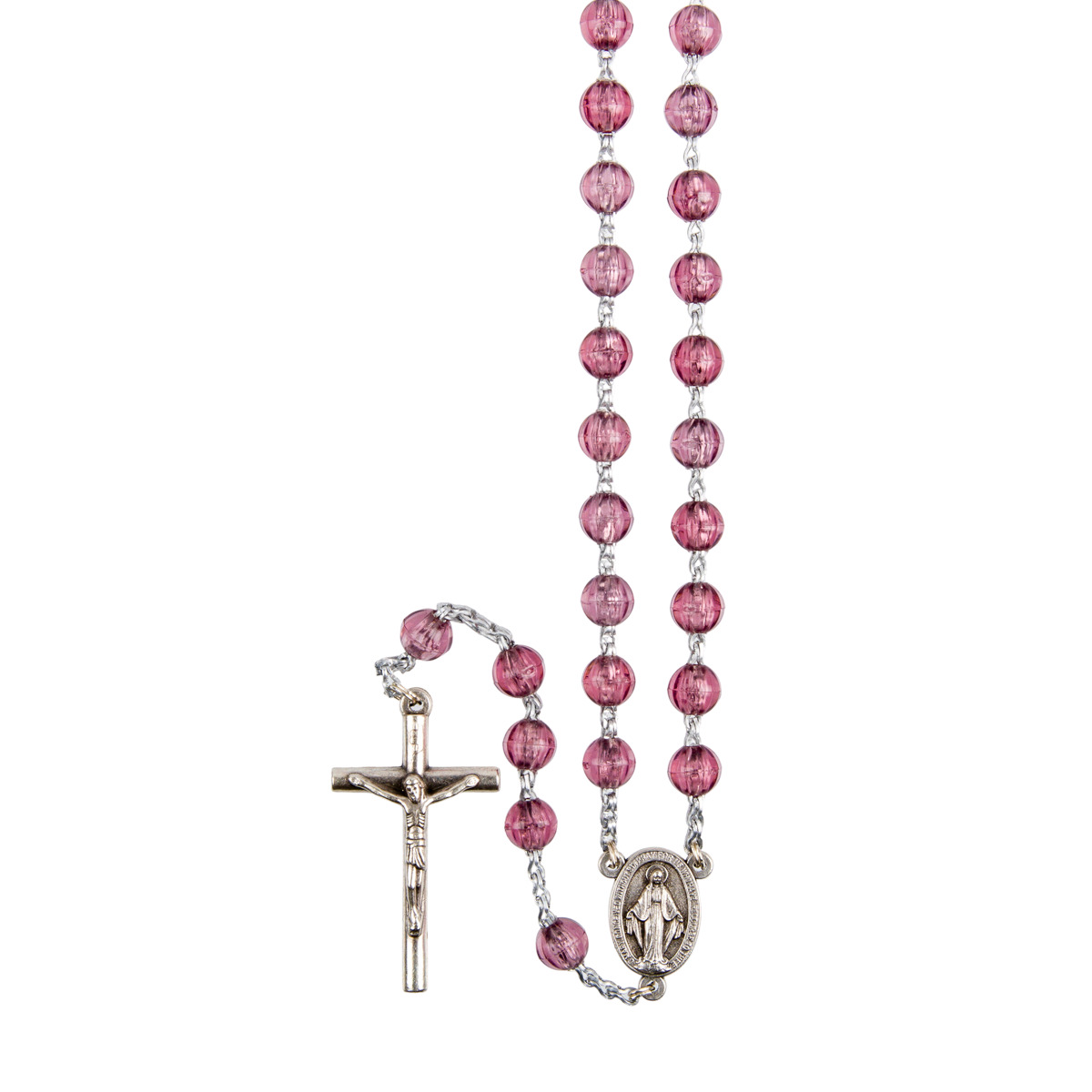 Chapelet sur chaine indécrochable couleur argentée grains en plastique ronds Ø 7 mm, longueur au cœur 31 cm, croix avec Christ.