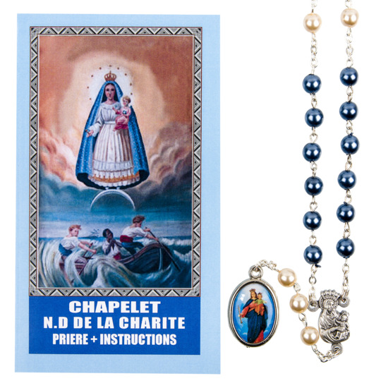 Chapelet de dévotion de Notre-Dame de la Charité grains nacrés avec notice explicative, livré en sachet individuel.
