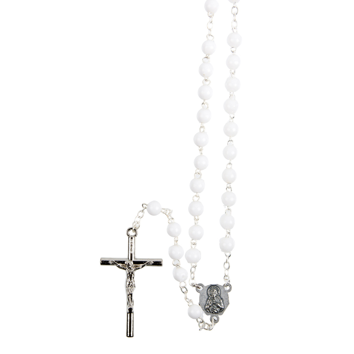 Rosaire 20 dizaines grains plastique, Ø 7 mm, chaîne couleur argentée, longueur au cœur 114 cm, croix avec Christ.