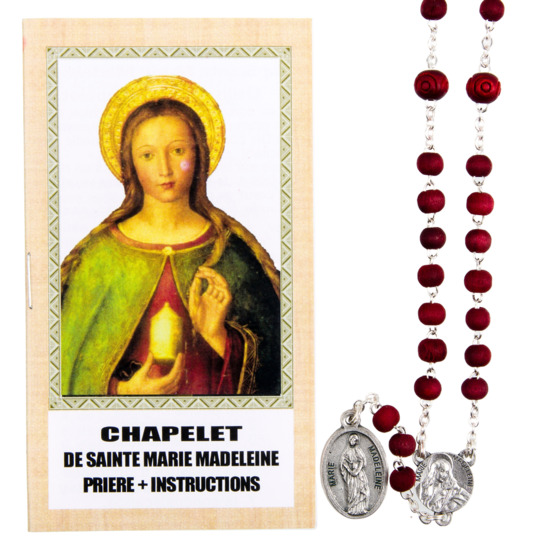 Chapelet de dévotion de Marie-Madeleine en bois de rose avec notice explicative, livré en sachet individuel.