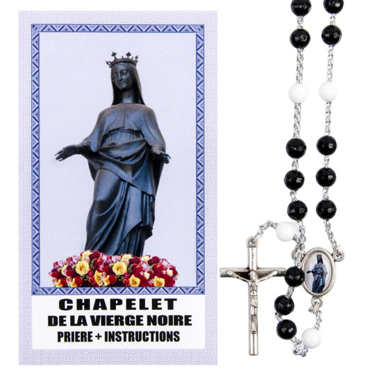 Chapelet de dévotion de la Vierge noire en plastique avec notice explicative, livré en sachet individuel.
